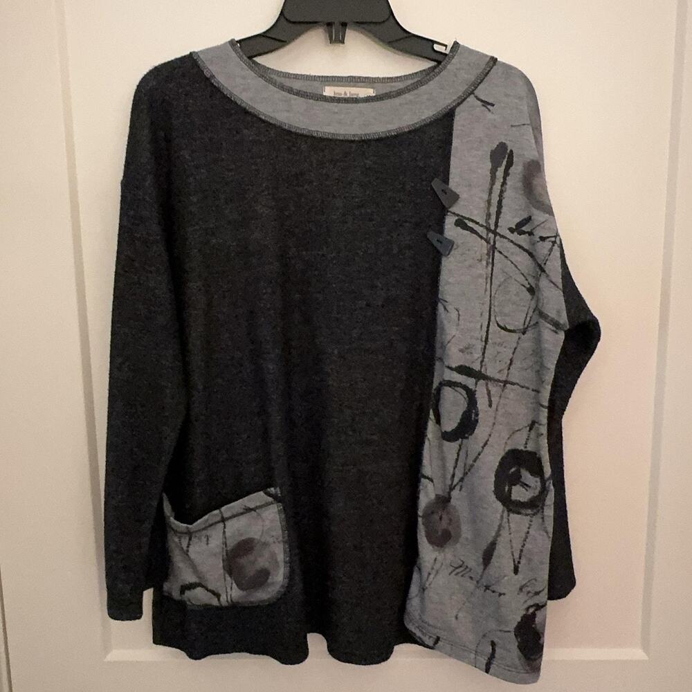 Jess & Jane Tunic Shirt Sz M Gray Abstract Colorblock Pocket Top Shirt Lagenlook